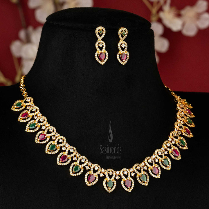 Elegant gold-plated American Diamond necklace Jewellery set with colorful teardrop stones