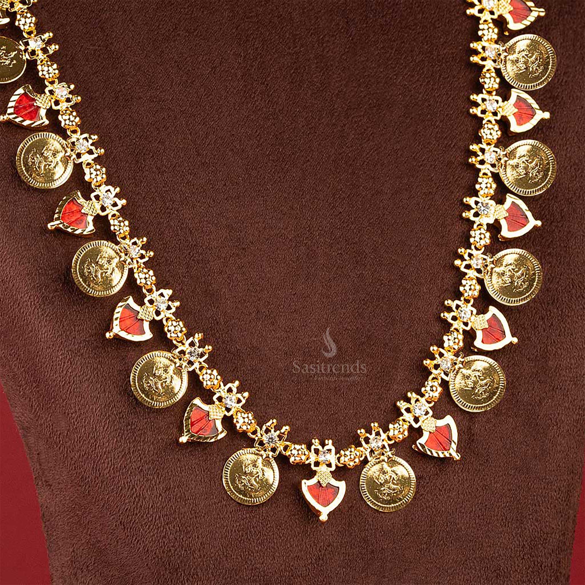 Kerala style red Lakshmi coin haram, Palakka necklace with white accents sasitrends