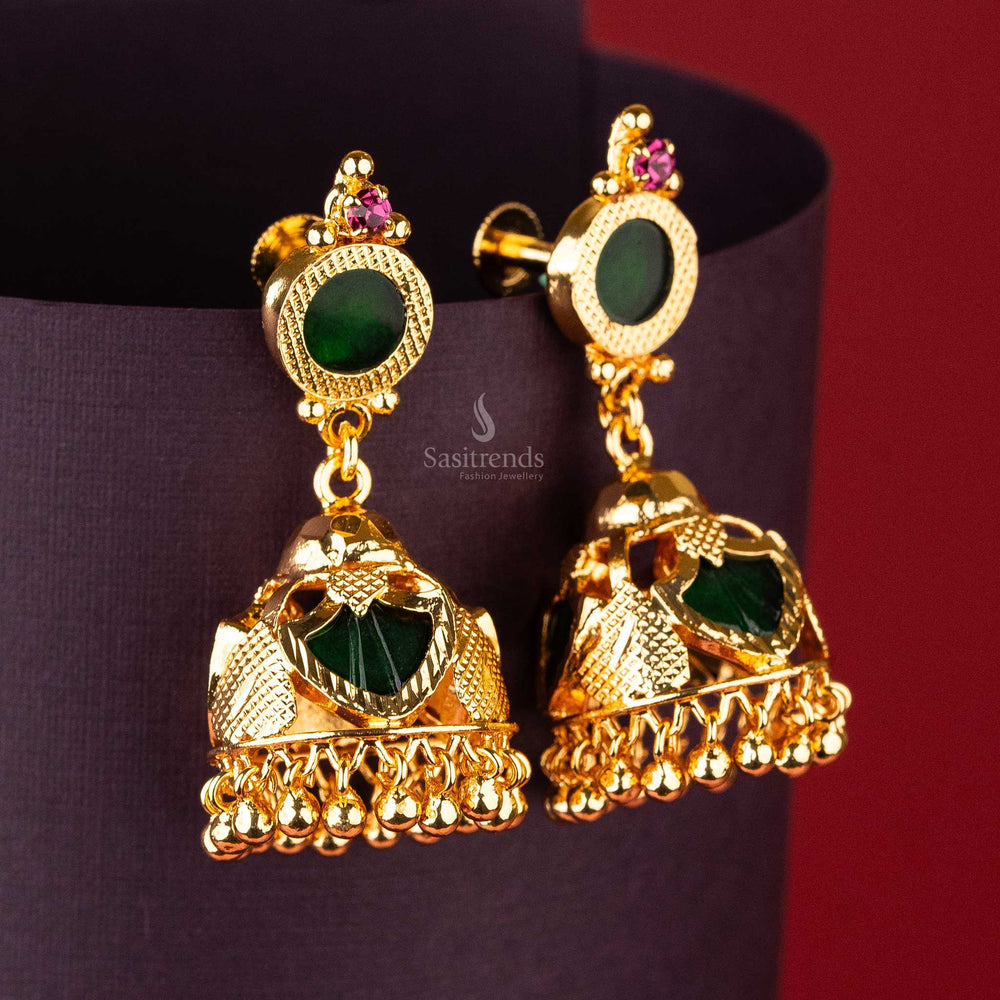 Green Palakka jhumka earrings with pink stone, traditional micro gold plated sasitrends