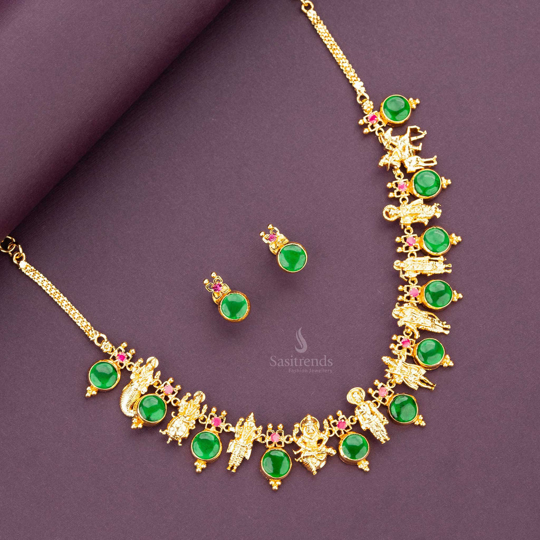 Green Palakka necklace with Vishnu Avatars, micro gold plated sasitrends