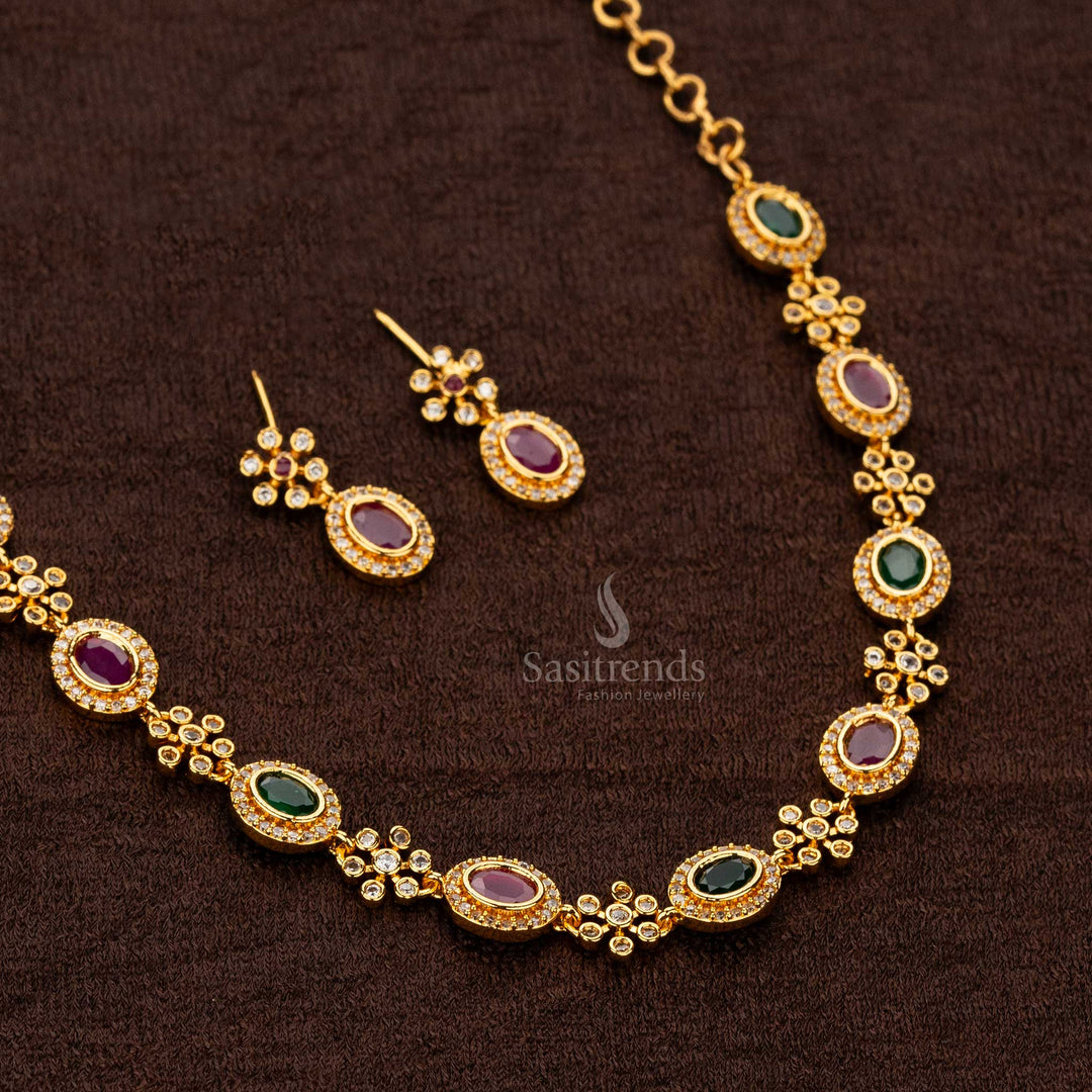 American Diamond floral necklace set with ruby and green stones - Sasitrends