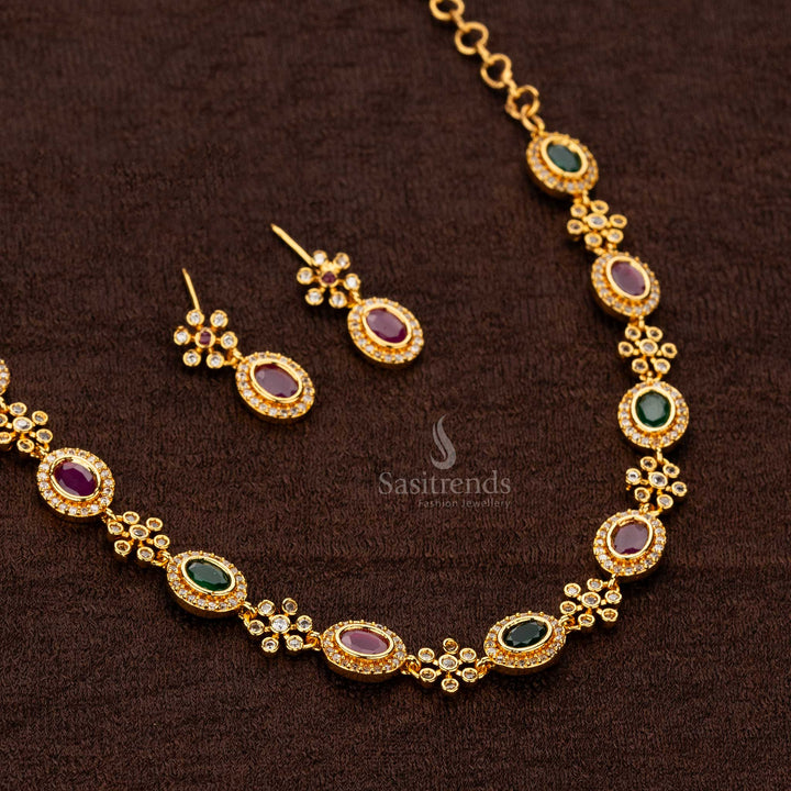 Guaranteed One Gram Micro Gold Plated American Diamond Floral Motif Jewellery Set - Sasitrends