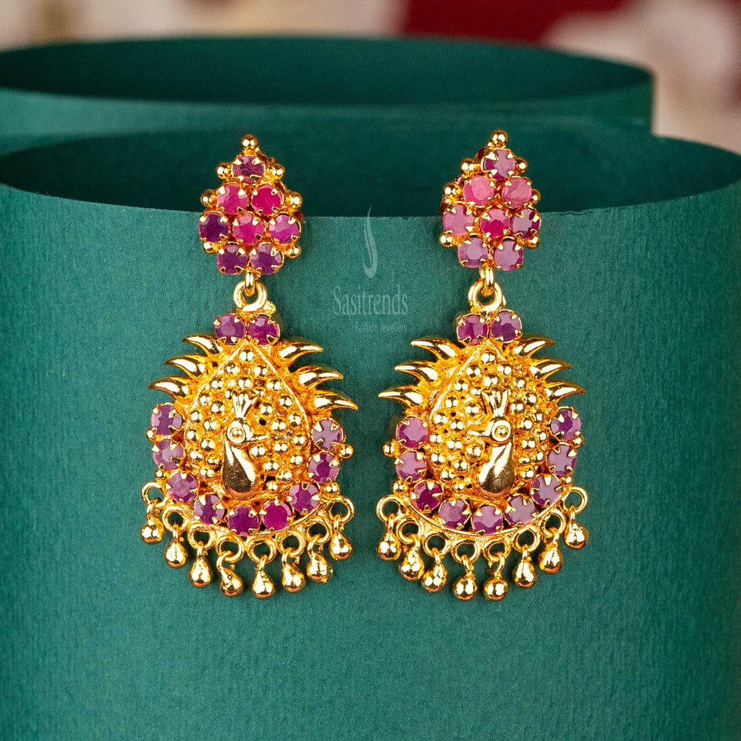 Guaranteed Quality Peacock Design Earrings with AD Stones in Ruby Color