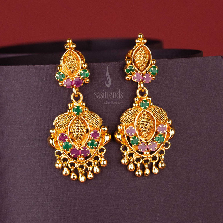 Ruby-Green Teardrop AD Stone Dangling Earrings - 24 Carat Gold Plated