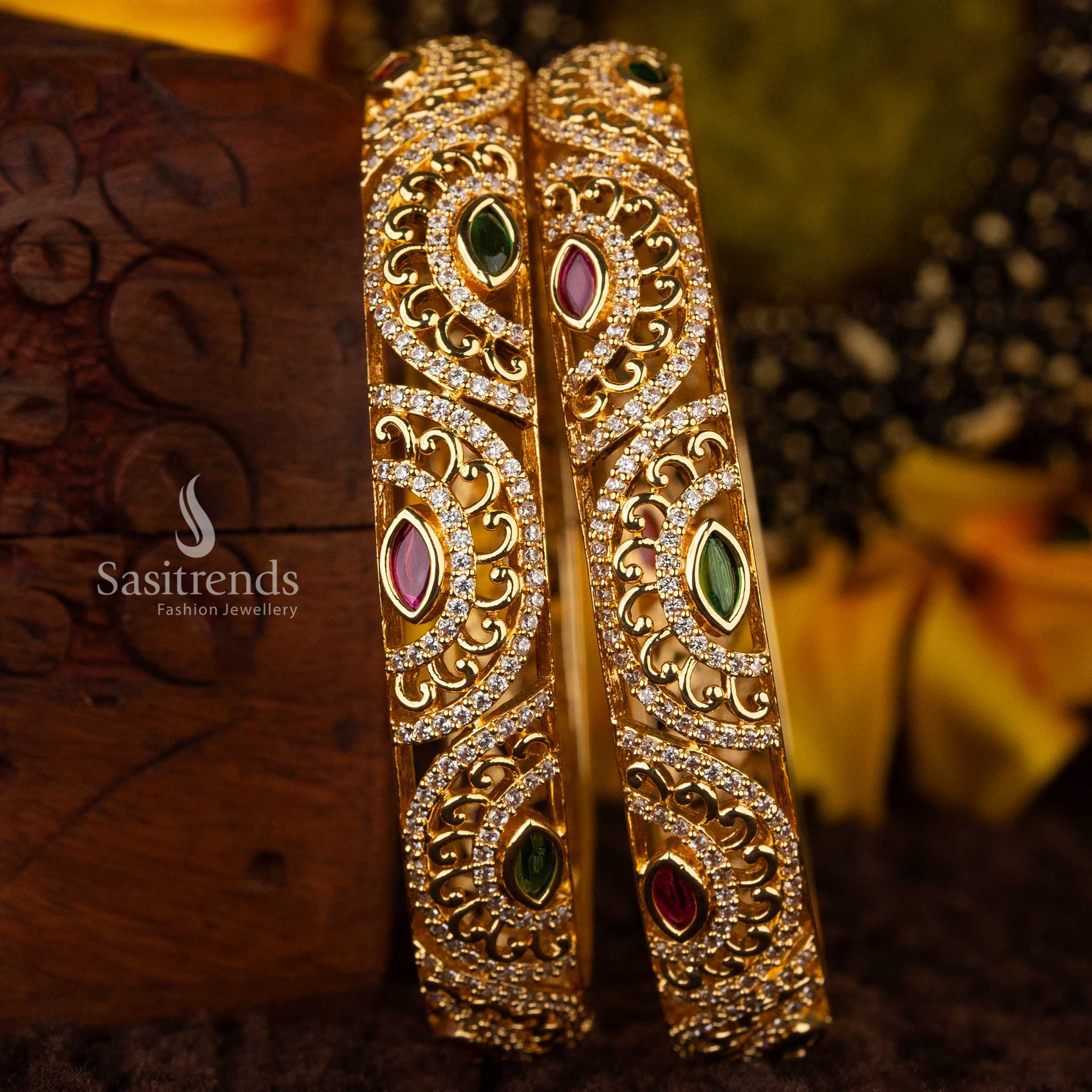 Decorative multi-color American Diamond bangles with marquise ruby and emerald stones - Sasitrends