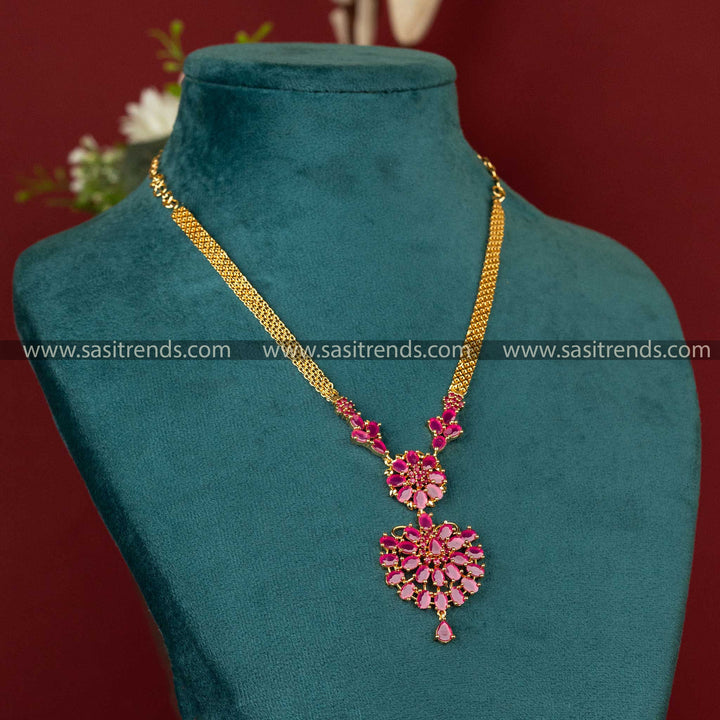 Latest One Gram Micro Gold-Plated Floral Pendant Necklace With American Diamond Stone  - Sasitrends