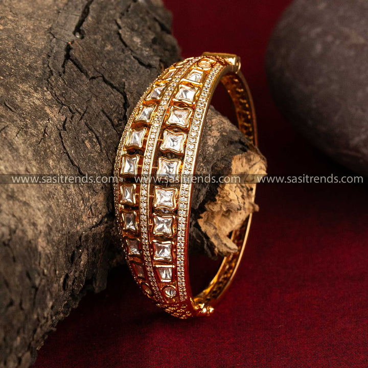 Sasitrends | Show-Stopping High Gold Plated Kundan Bangle with Premium American Diamond Kundan Stones - Openable