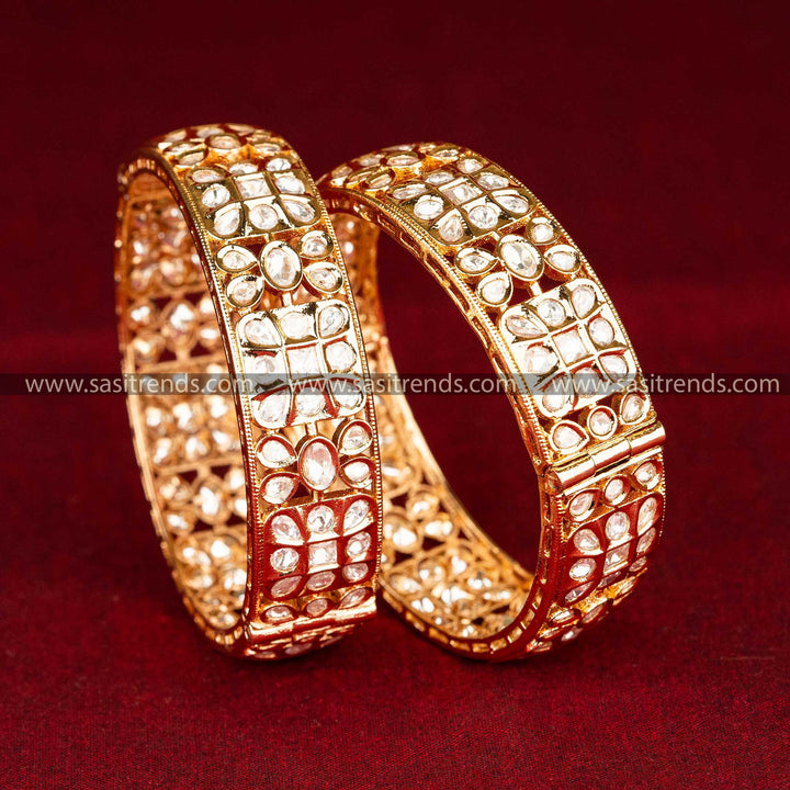 Sasitrends | Sumptuous High Gold Plated Floral Kundan Bangles with Premium American Diamond Kundan Stones - Screw Type Openable