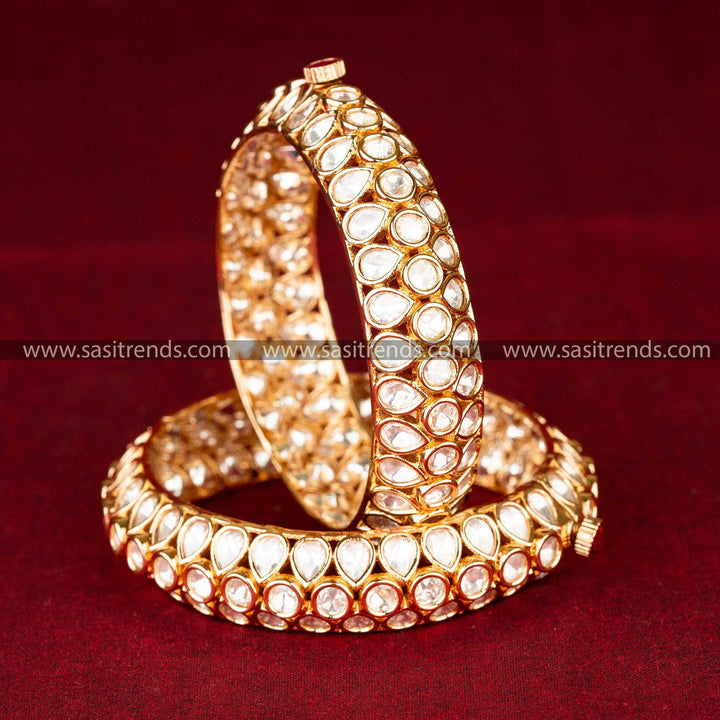 Sasitrends | Magnificent High Gold-Plated Teardrop Kundan Bangles with Premium American Diamond Kundan Stones - Screw Type Openable