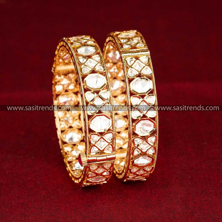 Sasitends | Opulent High Gold-Plated Teardrop, Round, and Oval Kundan Bangles with Premium American Diamond Kundan Stones - Screw Type Openable