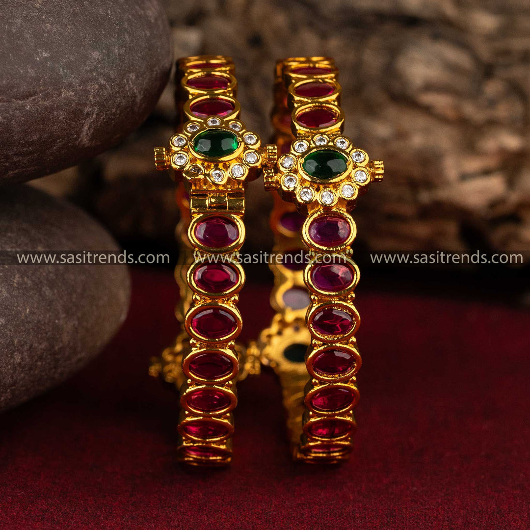 Matte Gold-Plated Temple Bangles with Oval Stones