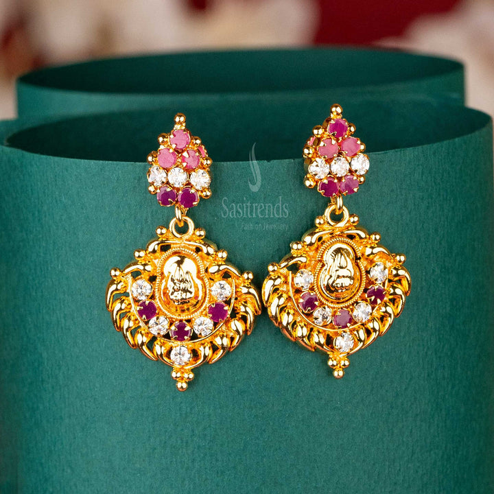 Lakshmi Motif Earrings in Ruby-White, AD Stone Studded, Gold-Plated Traditional Earrings