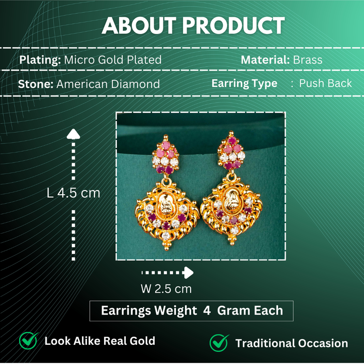 Lakshmi Motif Earrings Ruby AD Stone Guaranteed Micro Gold Plated Earrings Measurement Details