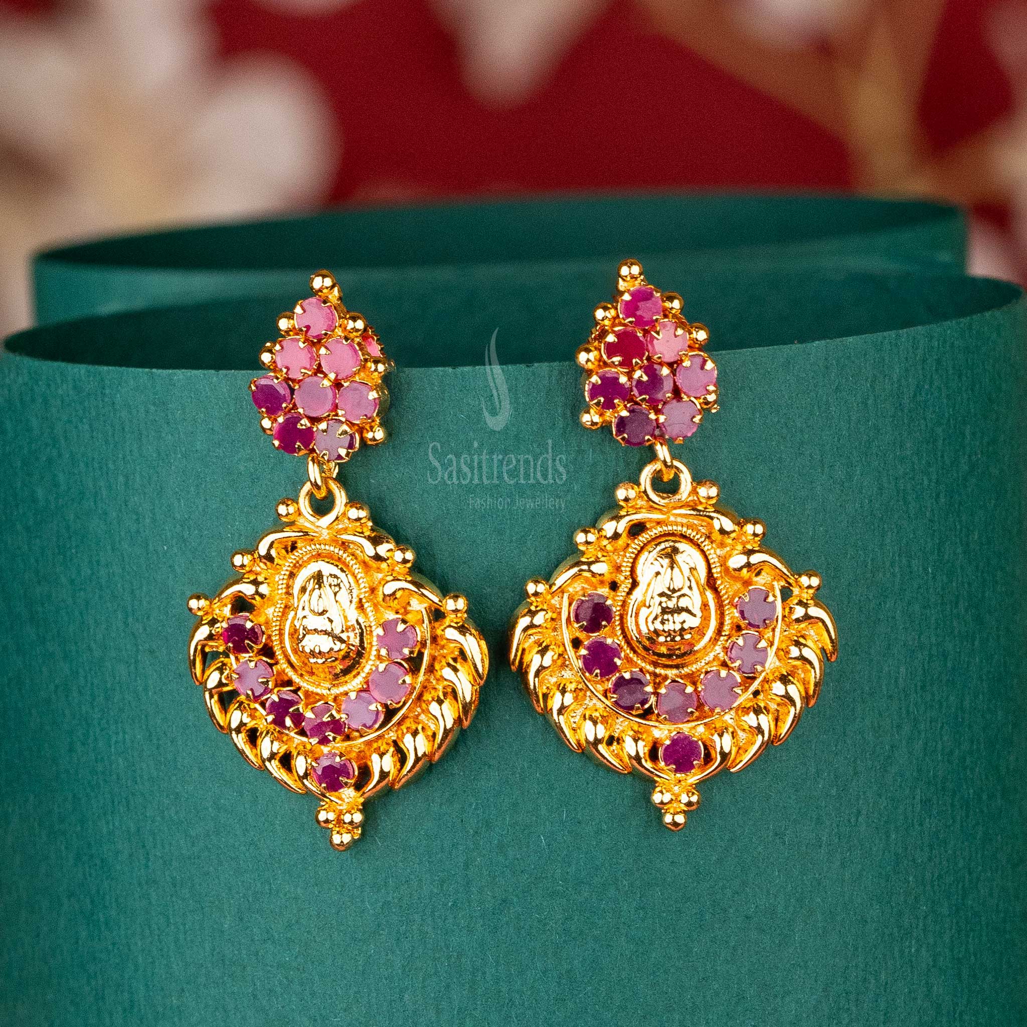 Lakshmi Motif Earrings in Ruby with AD Stones, One Gram Micro Gold Plated, Traditional Jewellery