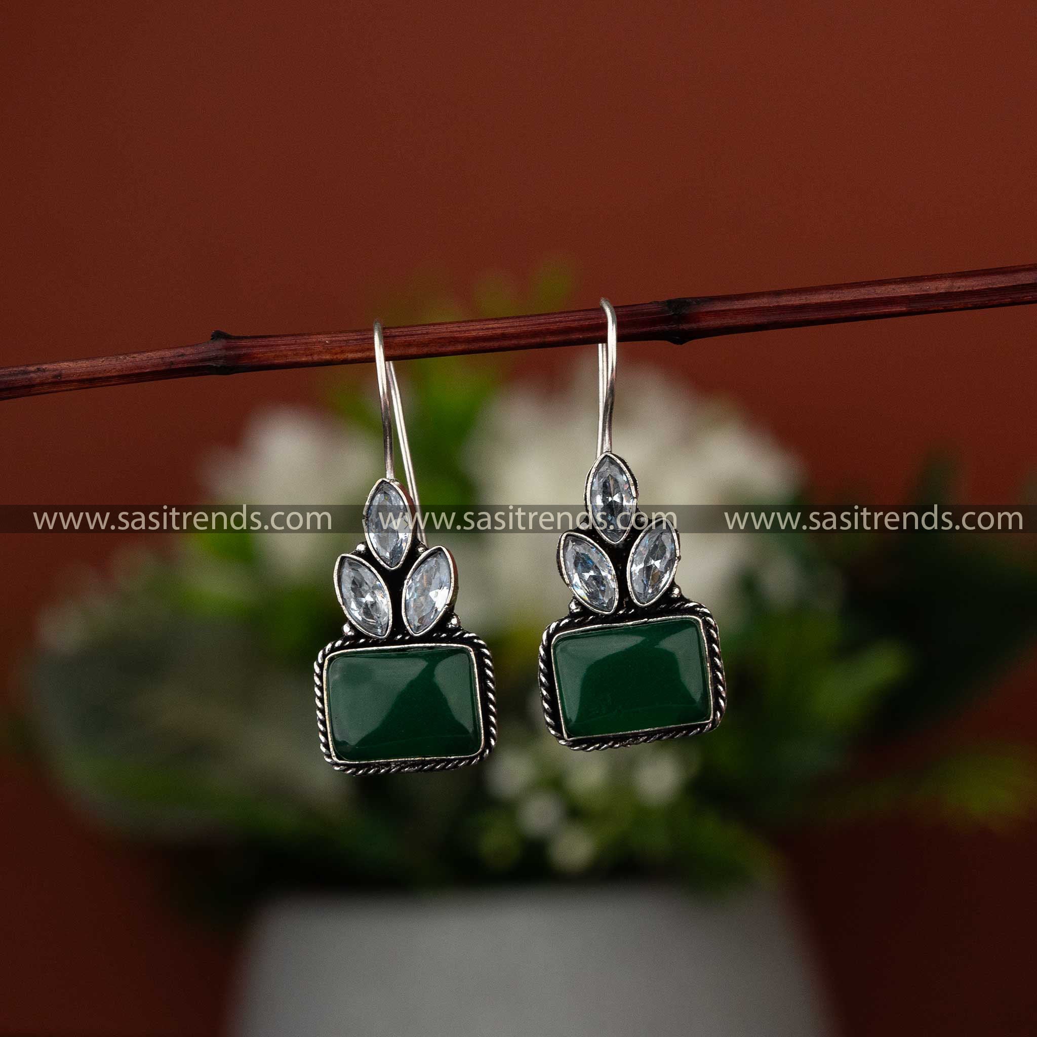 Latest vibrant green Monalisa stone earrings in oxidised finish for trending festive looks