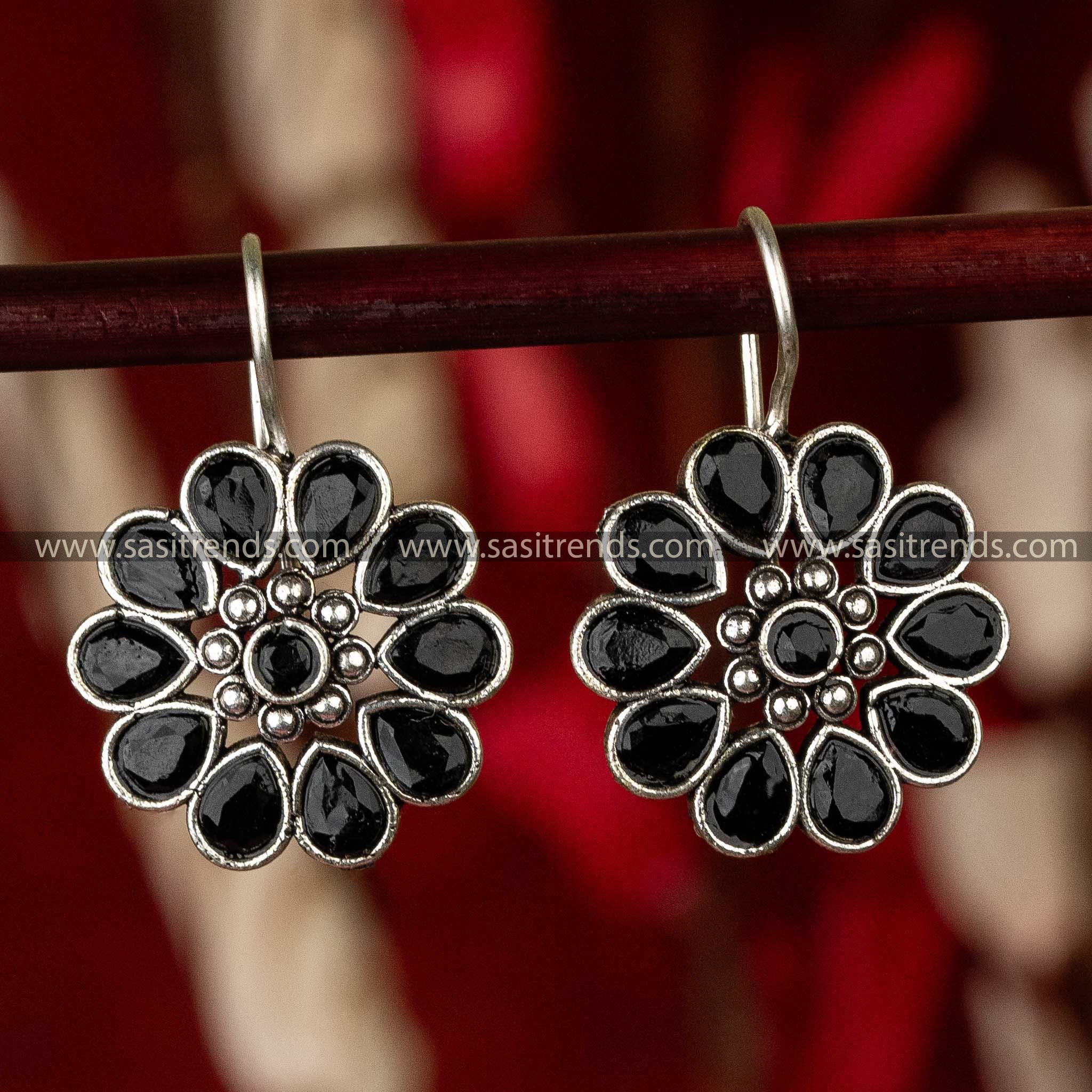 Sasitrends - Elegant Oxidised Silver Floral Earrings with Waterdrop and Round Gemstones - Sasitrends