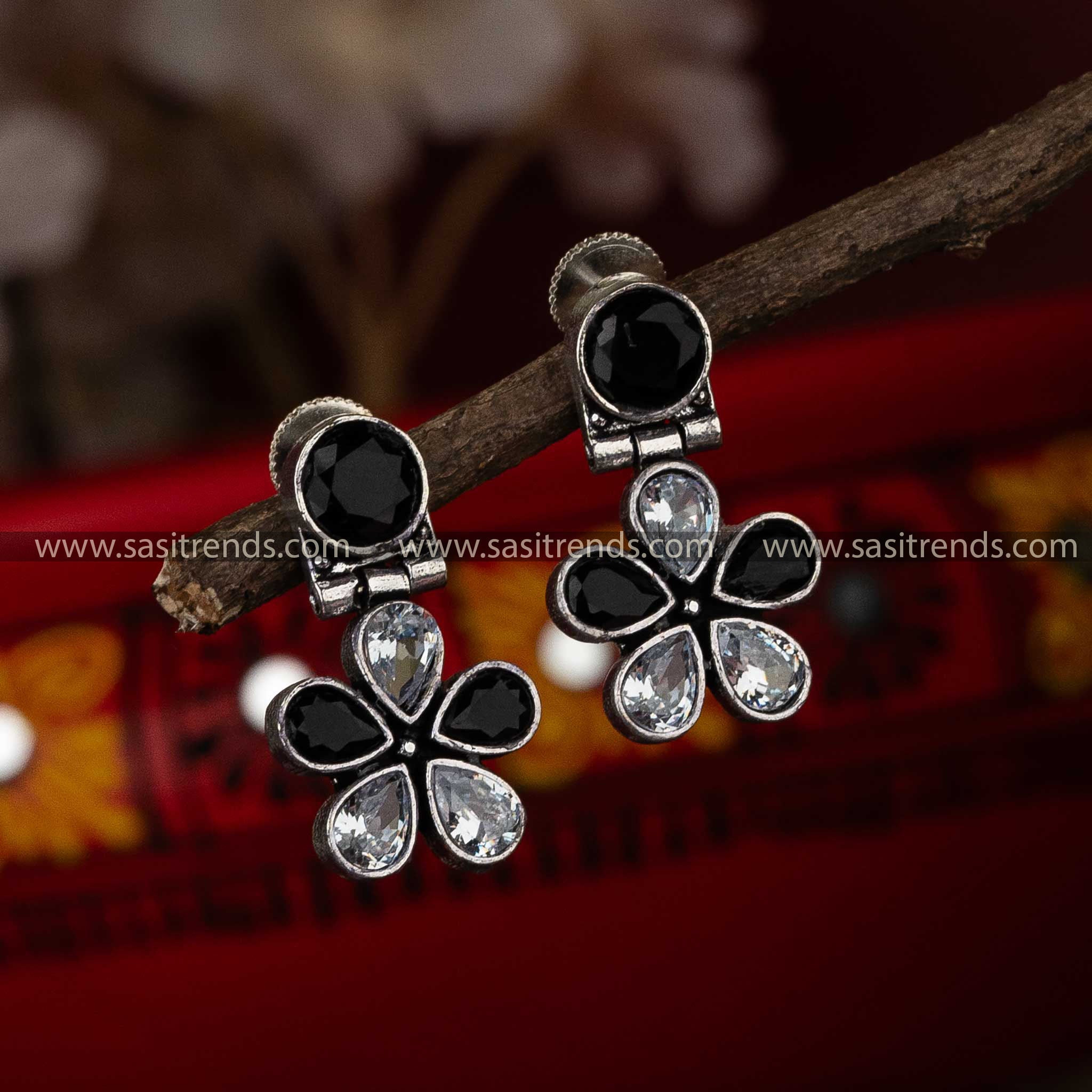 Latest Oxidised Black White Stone Stud Flower Designer Earrings Sasitrends Online Shopping