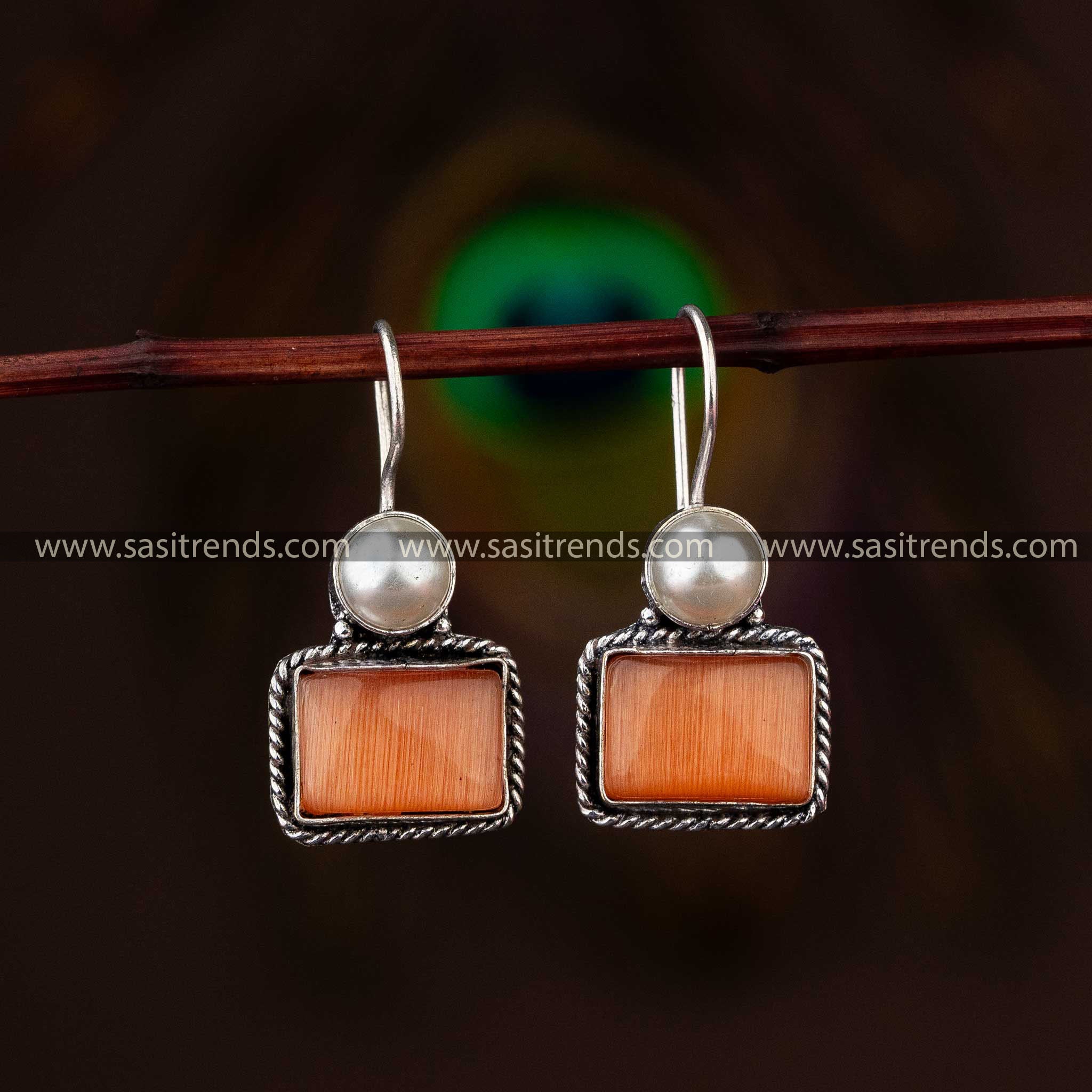 Oxidised Silver Earrings with Peach Stone for Ethnic Navarathiri Wear