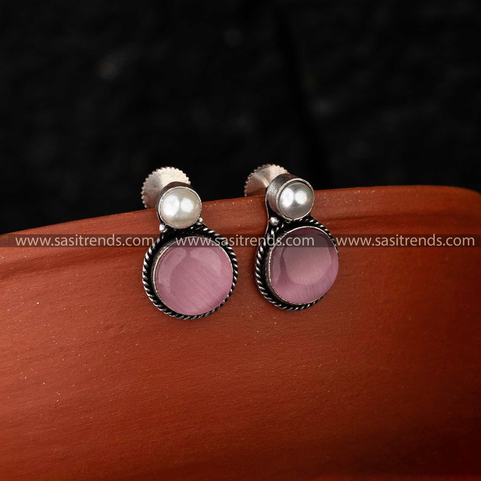 Navarathiri Oxidised Pink Monalisa Stone Jewellery Earrings