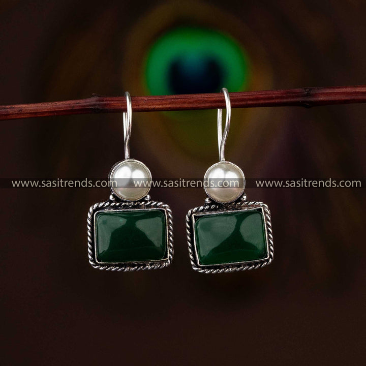 Oxidised Silver Earrings with Dark Green Stone for Festive Attire