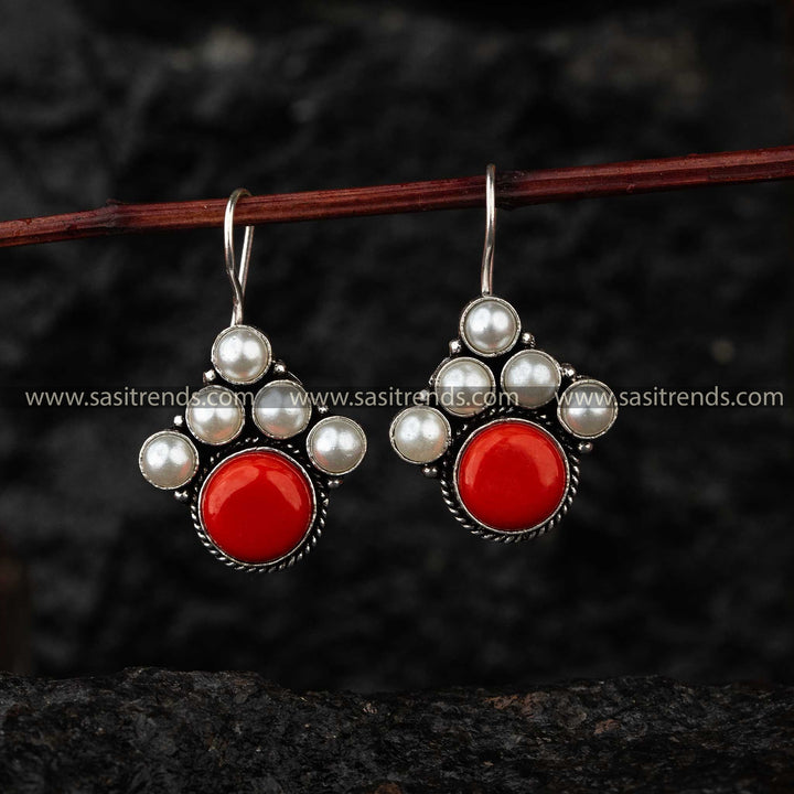 Latest Oxidised Jewellery Earrings with Red Monalisa Stone for Navarathiri