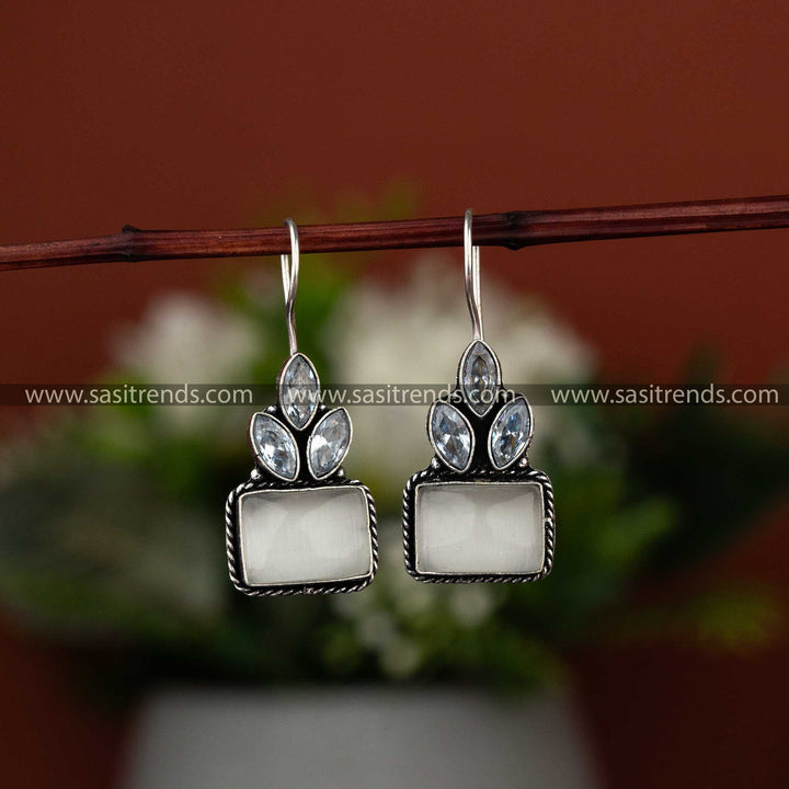 Latest Oxidised White Rectangle Monalisa And AD Stone Stud Fish Hook Earrings Sasitrends Online Shopping