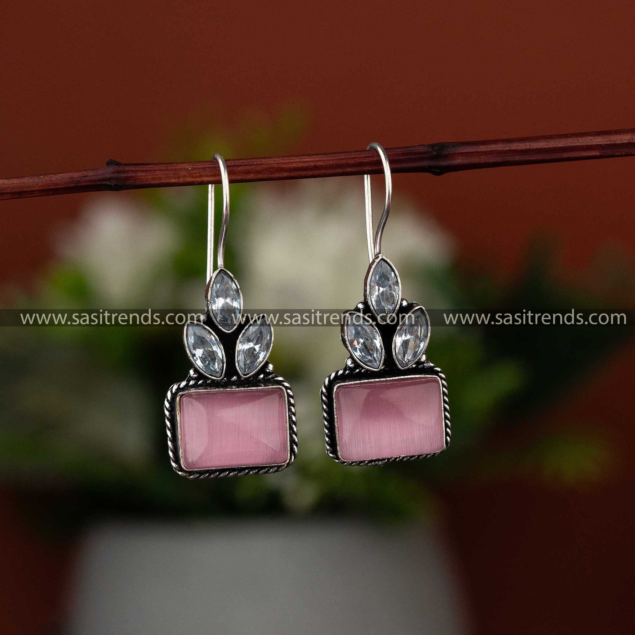 Latest stylish pink Monalisa oxidised earrings, trending for Navarathiri and ethnic wear