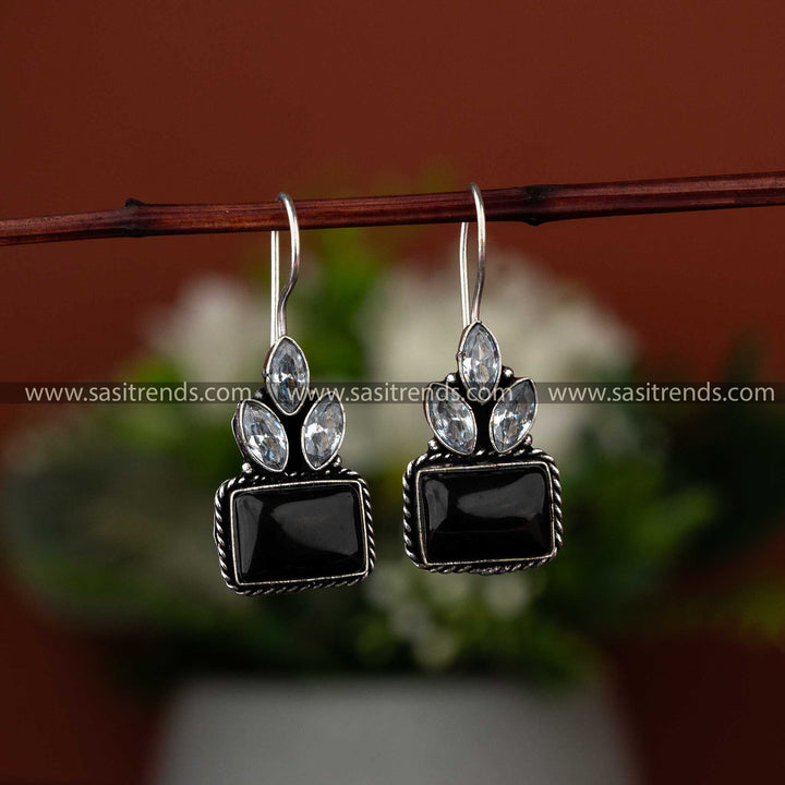 Rectangular Monalisa Leaf AD Stones Design Oxidised Earrings - Sasitrends