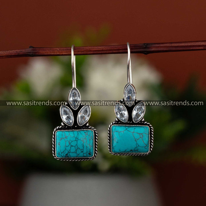 Latest trendy turquoise Monalisa stone earrings in oxidised finish for stylish Navarathiri appearances