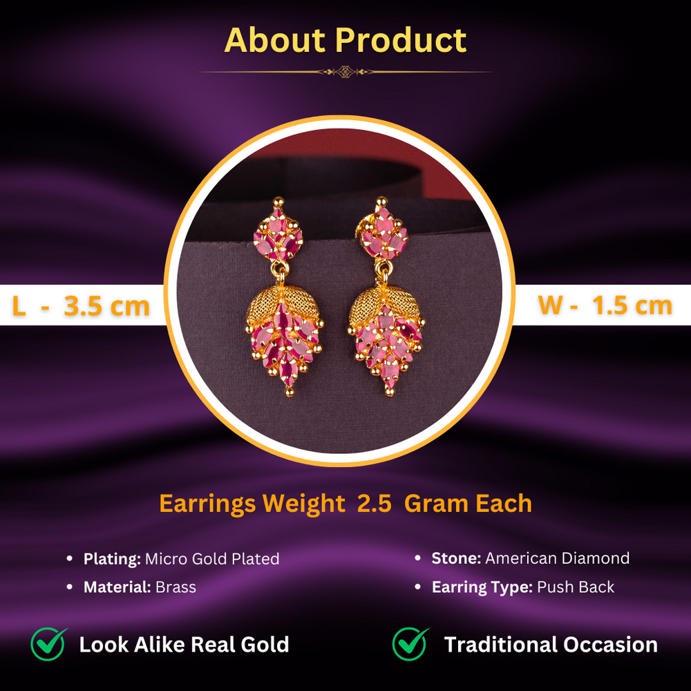 Guaranteed Micro Gold Plated Leaf Pattern AD Stone Stud Earrings Measurement Details