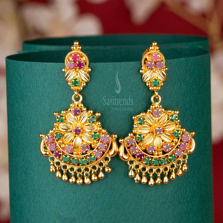 Luxurious Gold-Plated Dangling Earrings with Floral Design, Featuring Ruby-Green and AD Stones – Perfect for Weddings