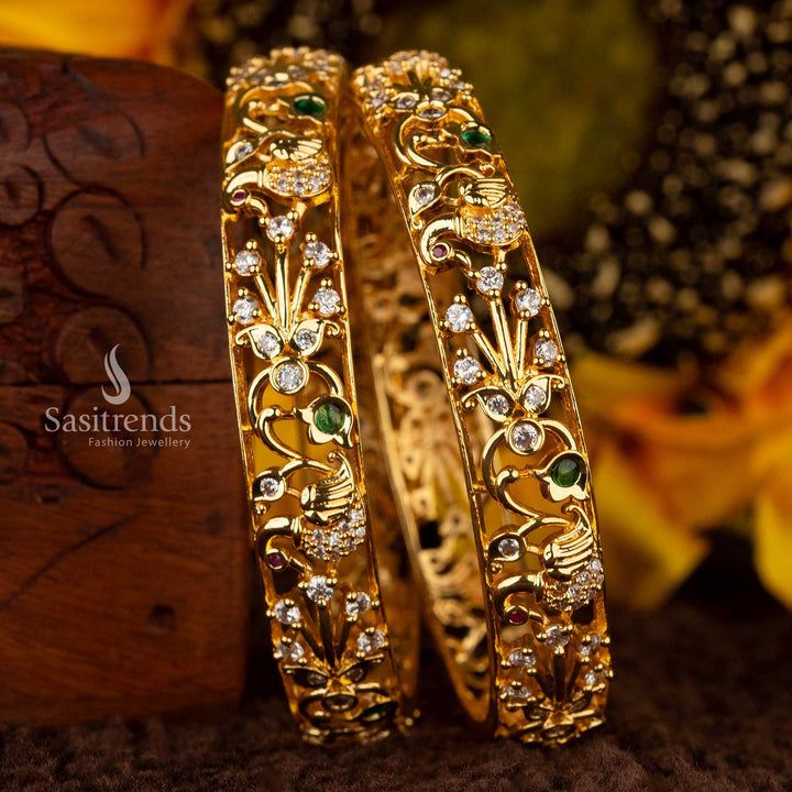 Exquisite Temple Micro Gold Plated American Diamond Bangles with Multi-Color Stones  - Sasitrends