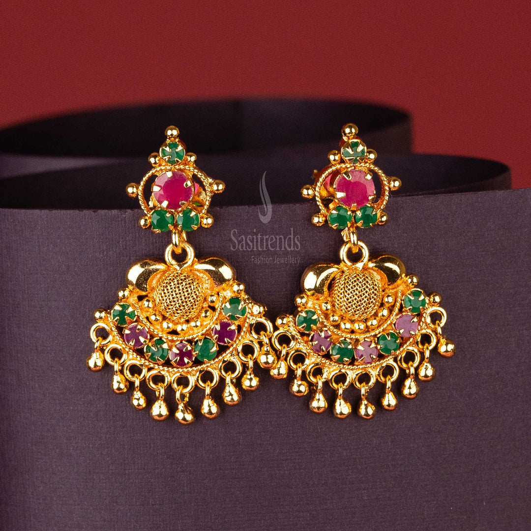 Elegant Gold-Plated Earrings with Ruby and Green AD Stones – Perfect for Traditional Occasions