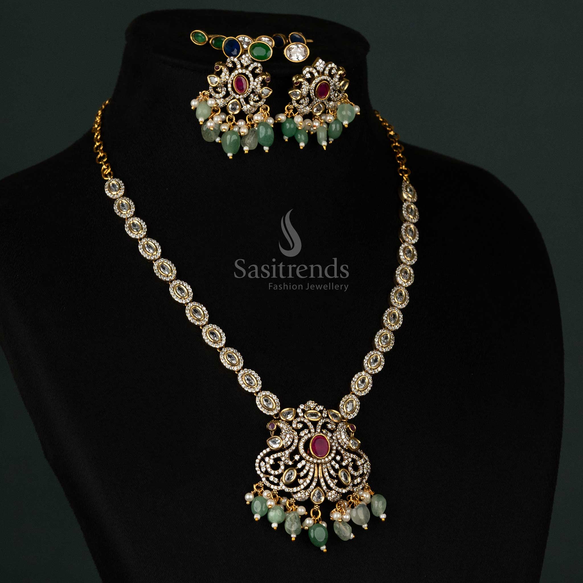 Matte gold plated Kundan necklace set with intricate filigree pendant and American Diamond stones – Sasitrends