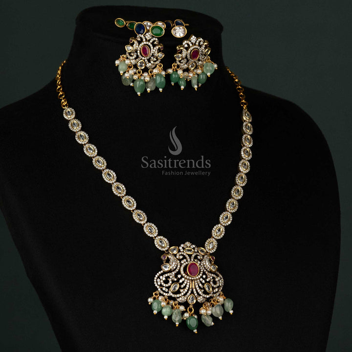 Wonderful Matte Gold Plated Kundan Necklace Jewellery Set with Intricate Filigree Pendant & American Diamond Stones - Sasitrends