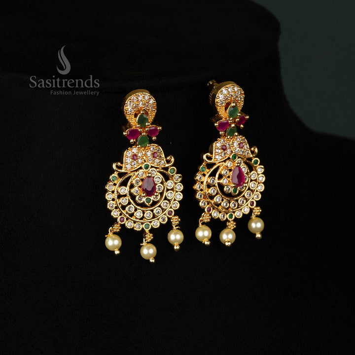 Gold plated American Diamond jewellery set with structured floral pattern chain, intricate pendant, and matching earrings, guaranteed look like real gold - Sasitrends