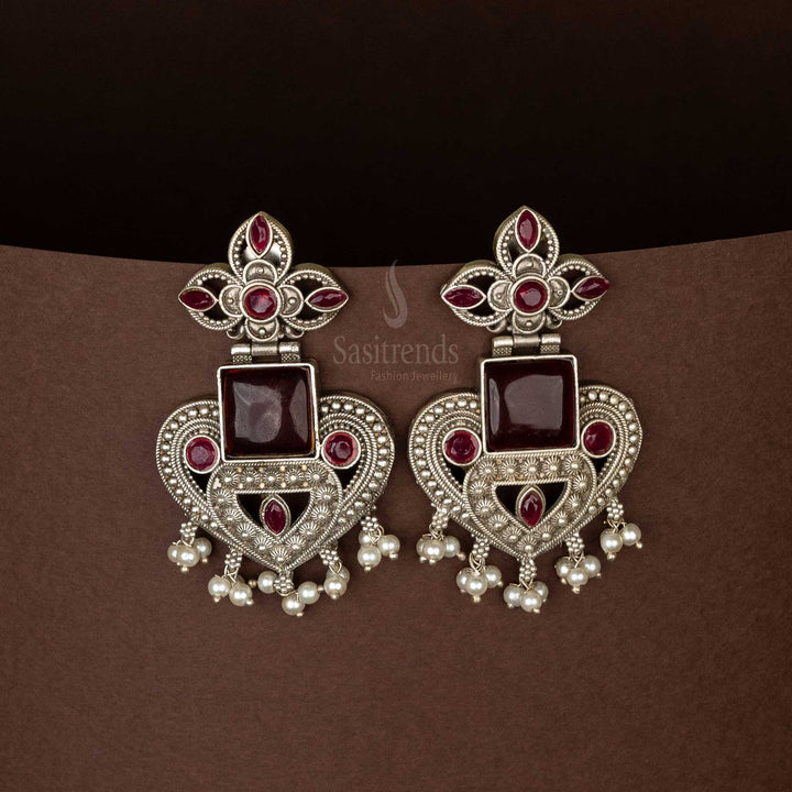 Maroon Stone Stud Heart Shapped Oxidised Silver Earrings Sasitrends Online