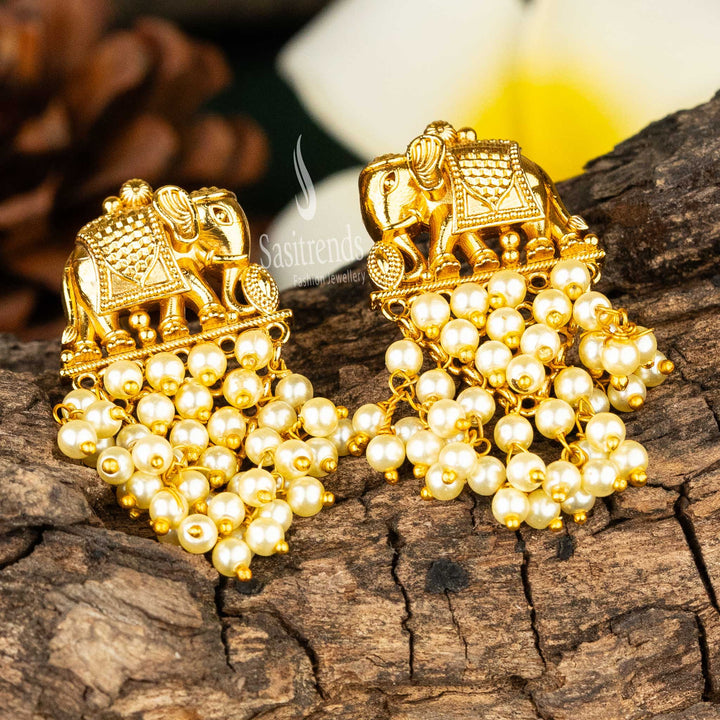 Sasitrends | Traditional Matte Gold Plated Temple Elephant Earrings with Pearl Layer Hanging