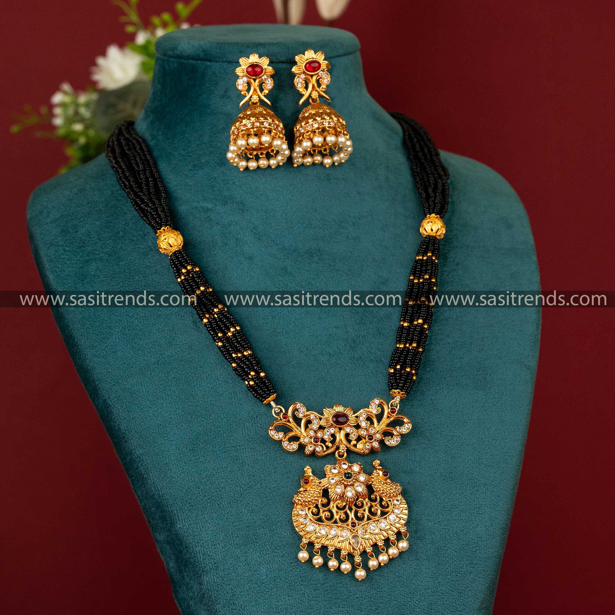 Sasitrends | Classic Matte Gold-Plated Beaded Jewellery Set with Multi-Color Stone Peacock Pendant - Sasitrends