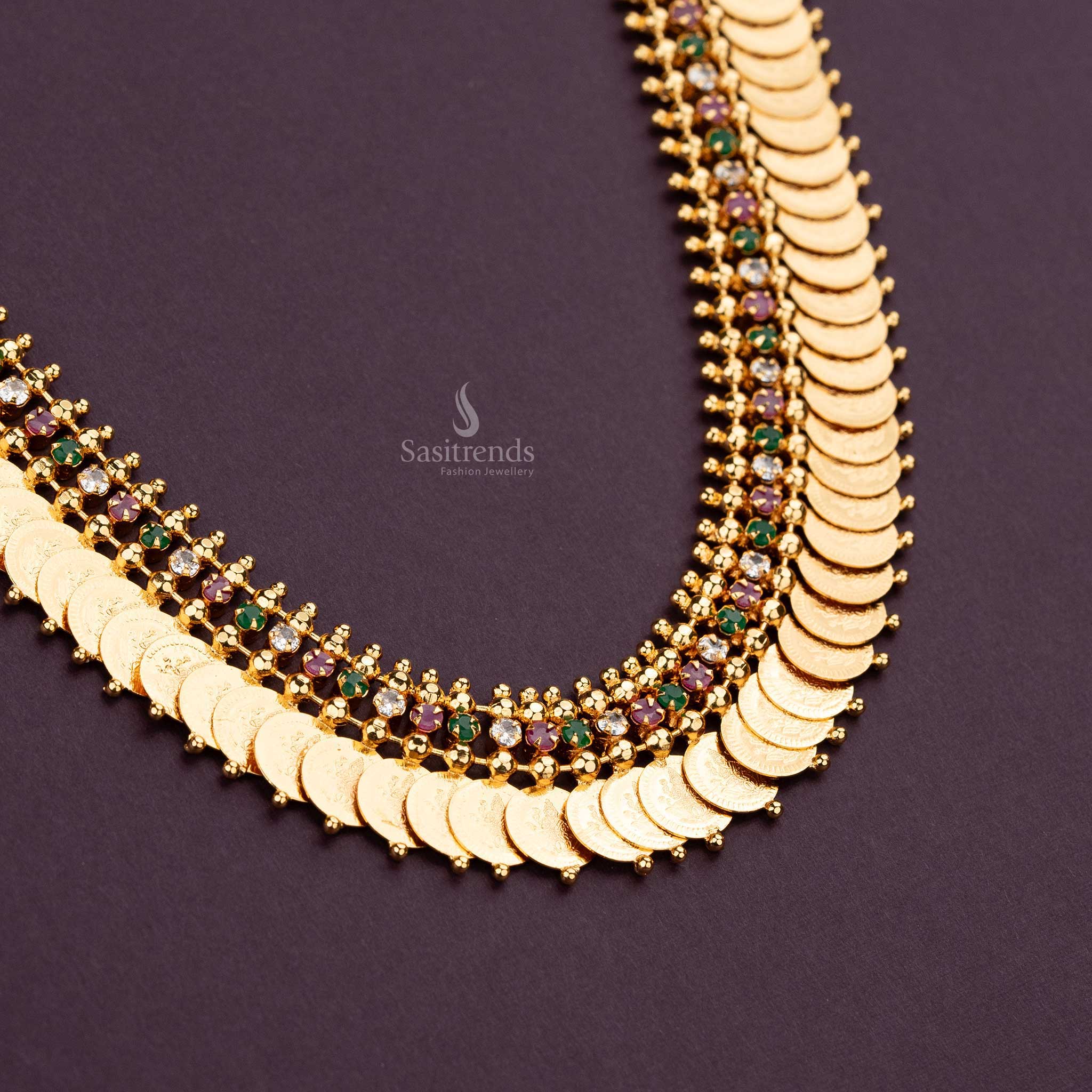 Sasitrends - Traditional Micro Gold Plated Lakshmi Kasu Coin Necklace with AD Stones Stud - Sasitrends