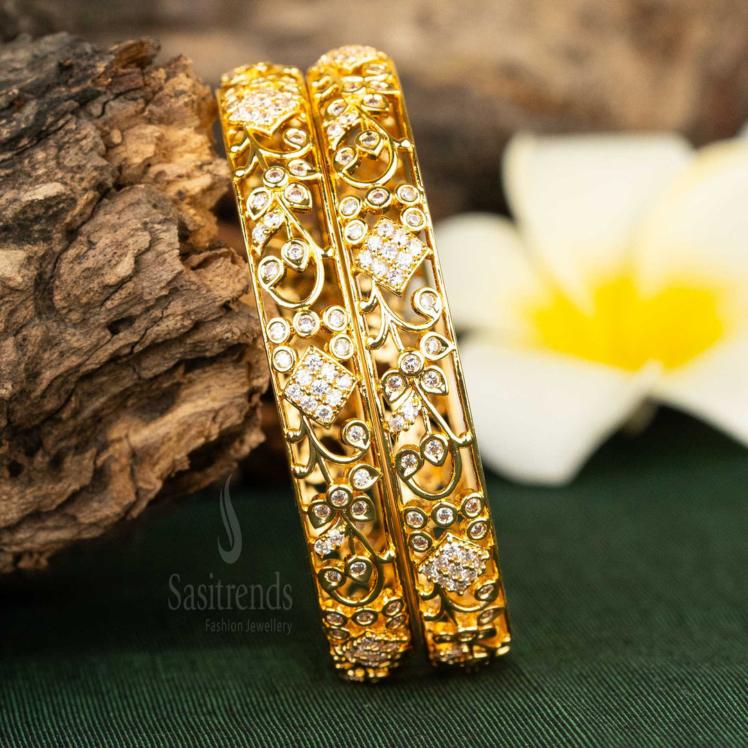 Elegant American Diamond micro gold plated bangles with leaf and square motifs for weddings and engagements