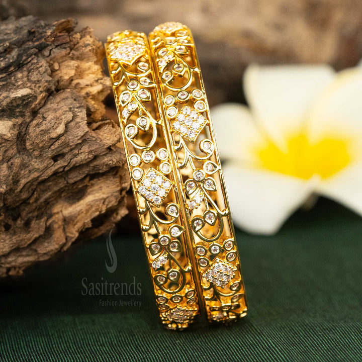 American Diamond Micro Gold Plated Bangles with Leaf and Square Motifs