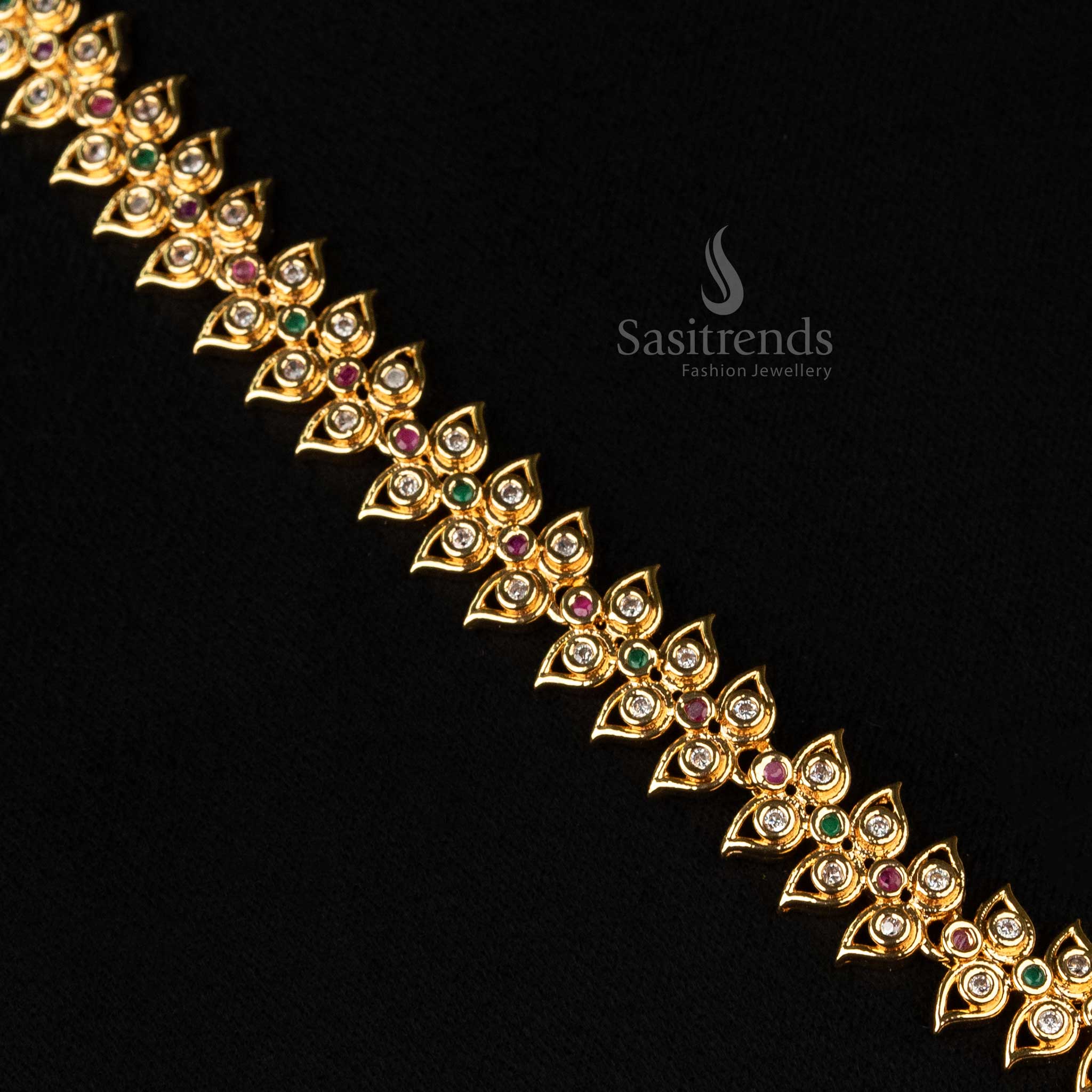 Luxury gold plated American Diamond necklace set with floral pattern and pearl drops, guaranteed real-gold-like appearance - Sasitrends