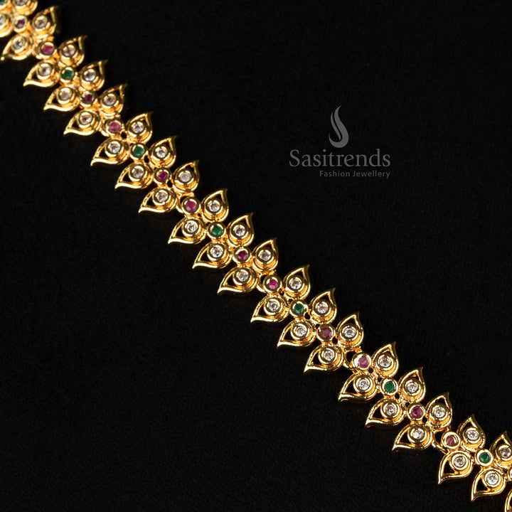 Luxury gold plated American Diamond necklace set with floral pattern and pearl drops, guaranteed real-gold-like appearance - Sasitrends