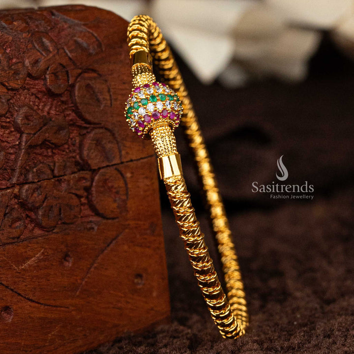 Twisted design micro gold plated guaranteed kada bangle with multi-color AD stone-studded center ball Sasitrends