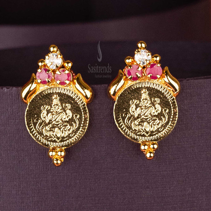 Sasitrends - Elegant Lakshmi Coin Micro Gold Plated Kerala Earrings with Three AD Stones