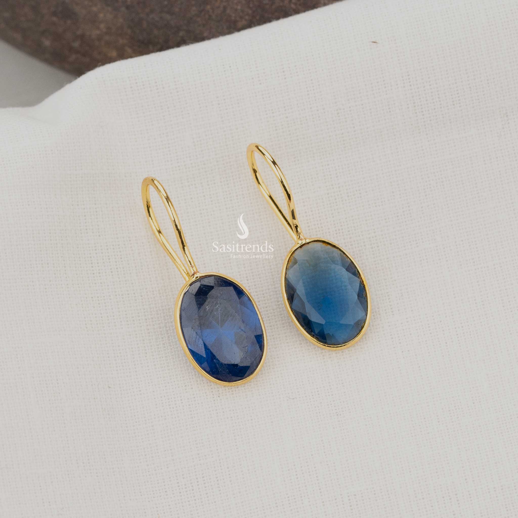 Midnight Blue Oval Gold Plated Earrings, Evening Glamour