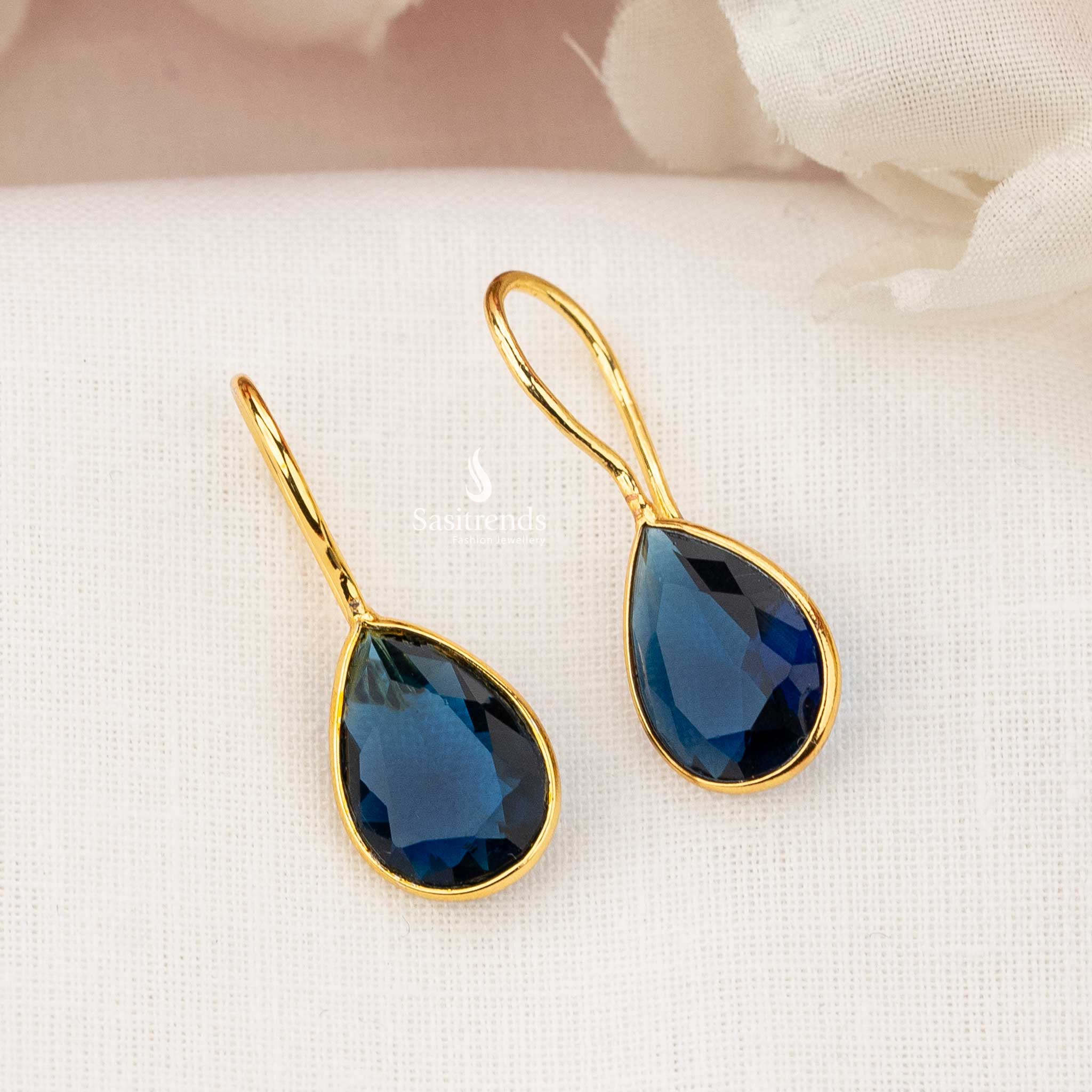 Aurora Gold Plated Midnight Blue Raindrop Earrings, Ideal for Party Wear