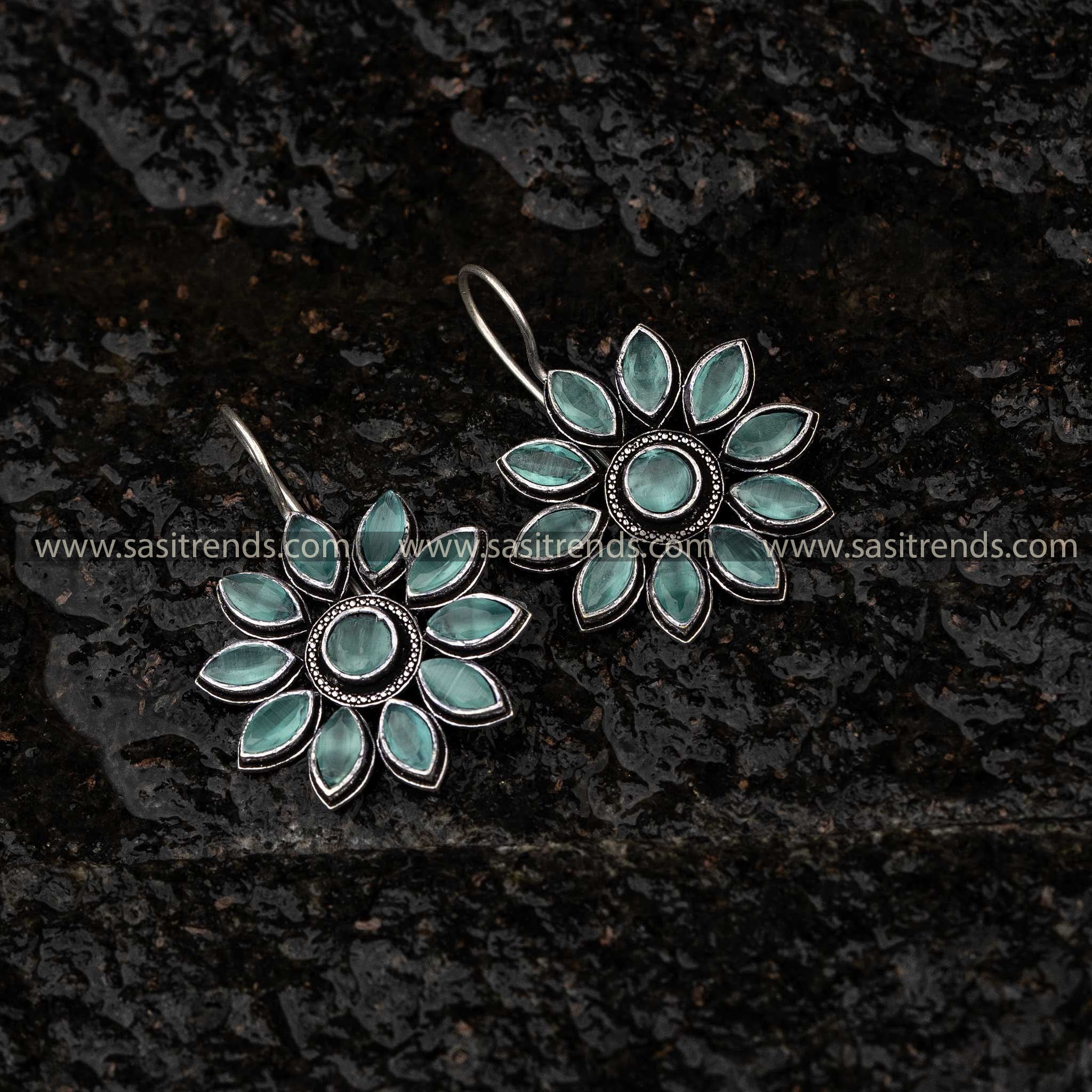 Mint Floral Oxidised Earrings, Navarathiri Special Sasitrends Online Shopping