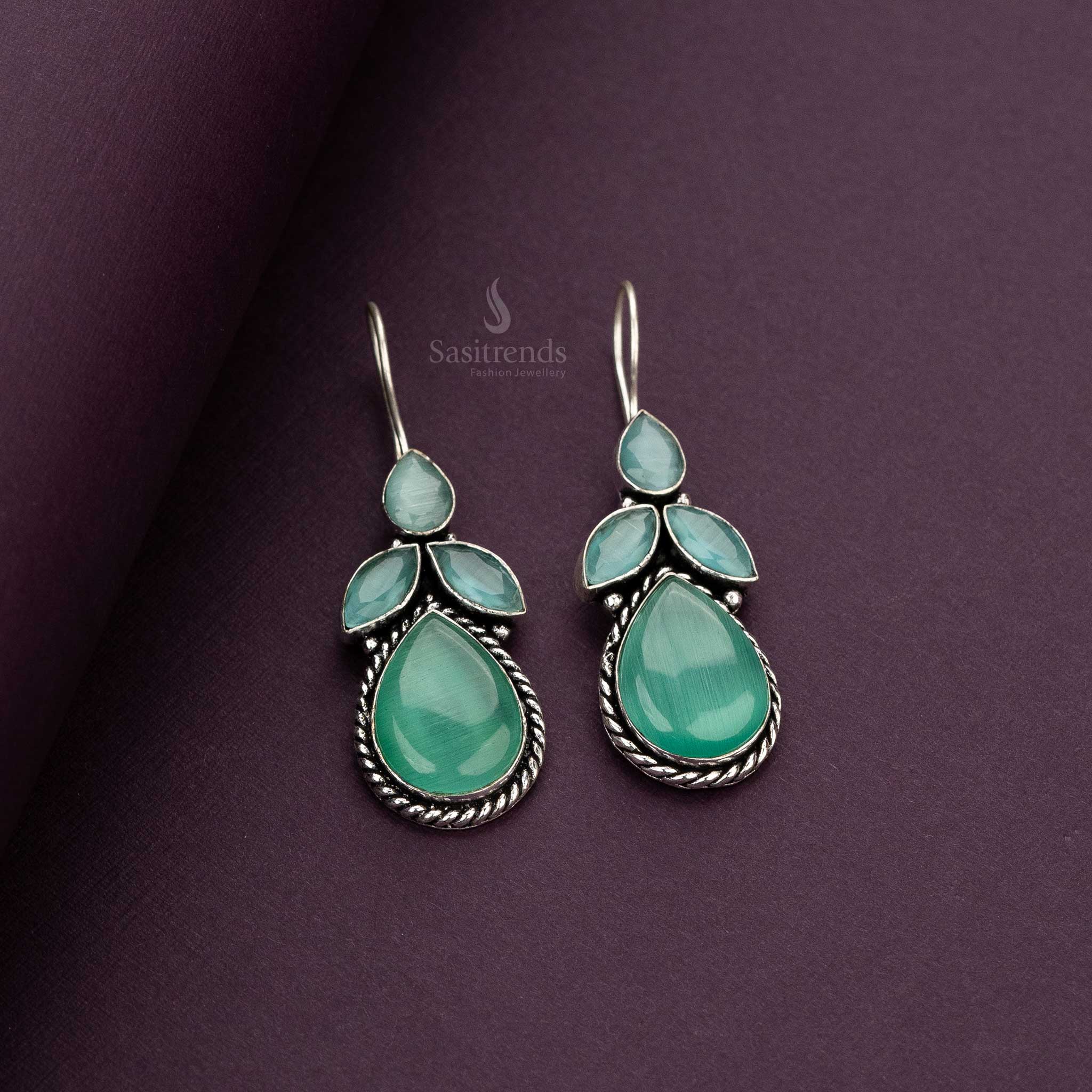 Oxidised Silver Earrings with Mint Green Teardrop and Marquise Stones